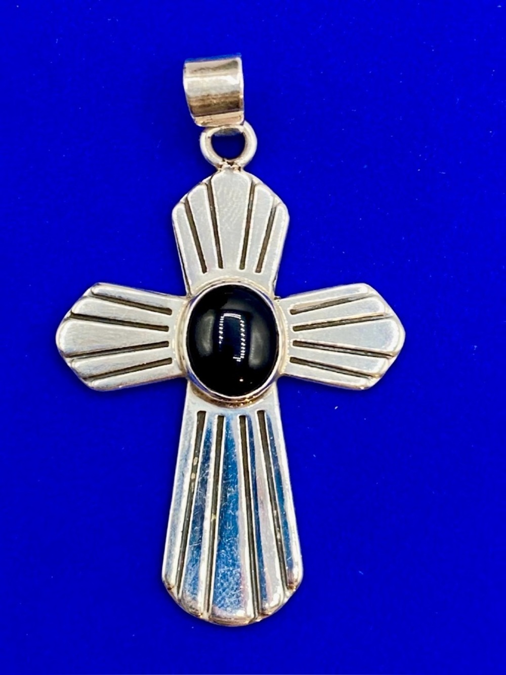 Vintage Sterling Silver Taxco Mexico Black Onyx Cross Pendant